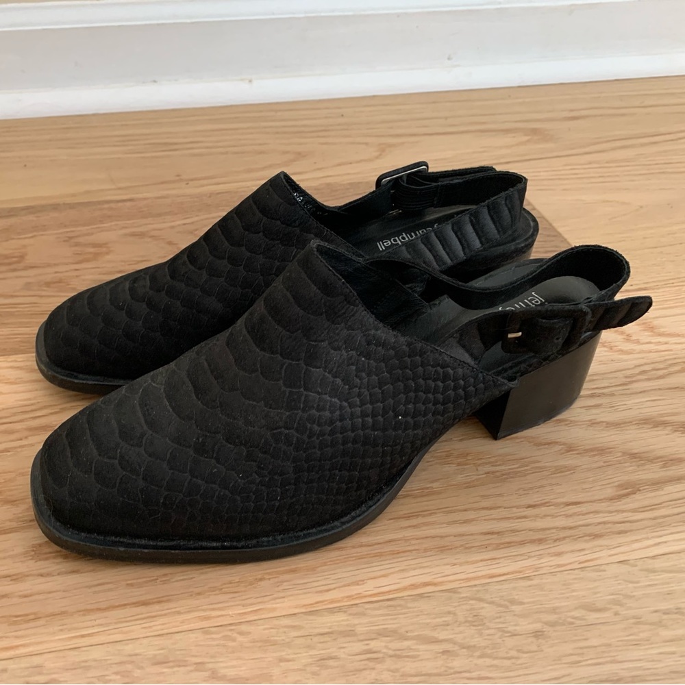 Jeffrey Campbell black suede strap back clog